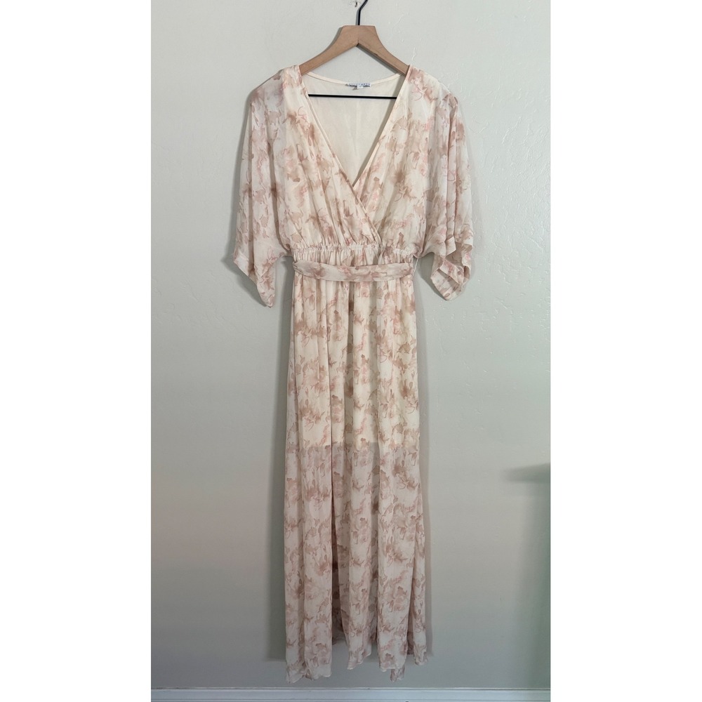 Baltic Born Floral Maxi Dress Pink Cream Flutter Sleeve V-Neck Wrap Faux Small - Picture 2 of 8
